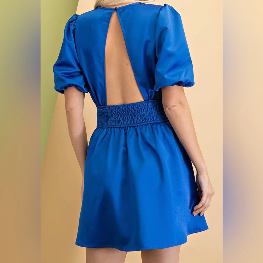Glam Los‎ Angeles Royal Blue Satin Open Back Smocked Mini Dress GD3845 Small NWT